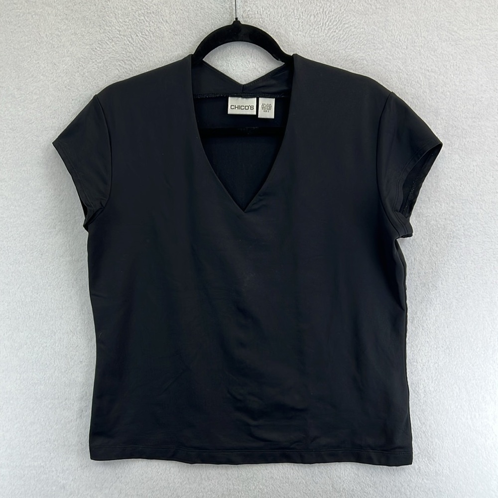 Chico’s Women’s Tee / Top Sz 2 (US 12) Black Nylon & Spandex V-neck Cap Sleeves